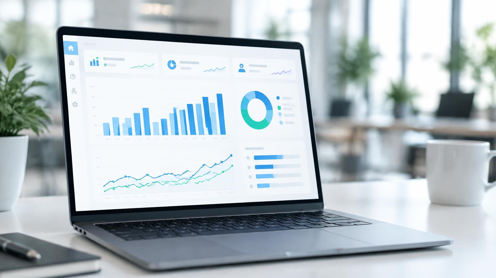 Laptop screen displaying a data dashboard with charts
