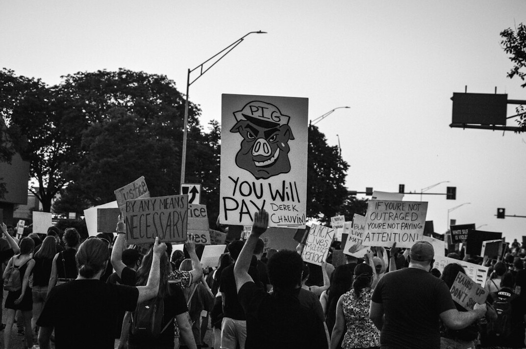 crowd protesting in street